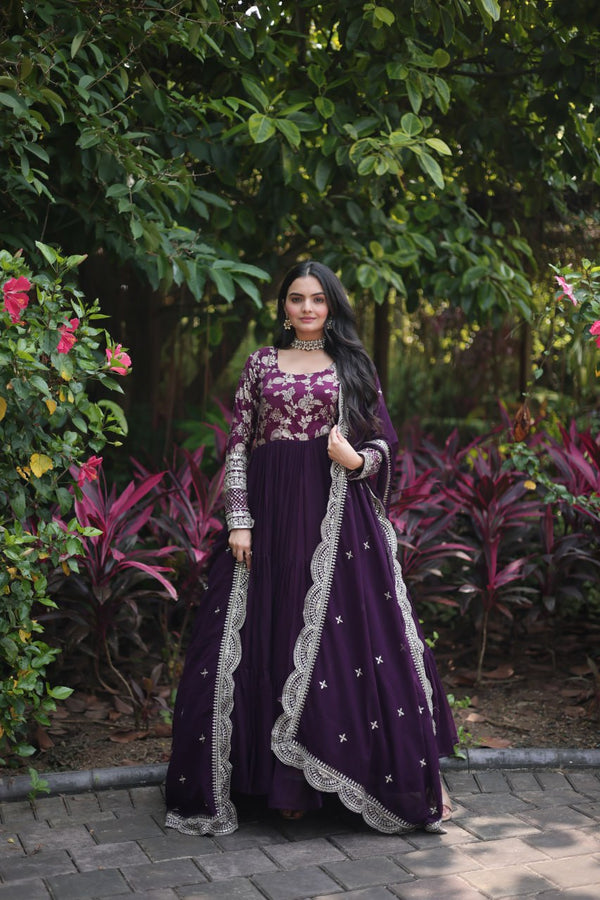 Jacquard Embroidery Work Wine Color Gown With Dupatta