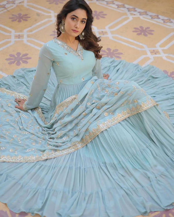 Gorgeous Ruffle Flair Sky Blue Georgette Anarkali Suit