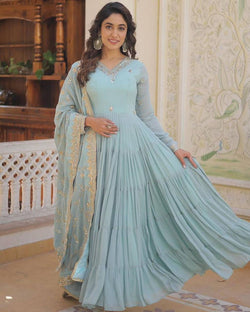 Gorgeous Ruffle Flair Sky Blue Georgette Anarkali Suit