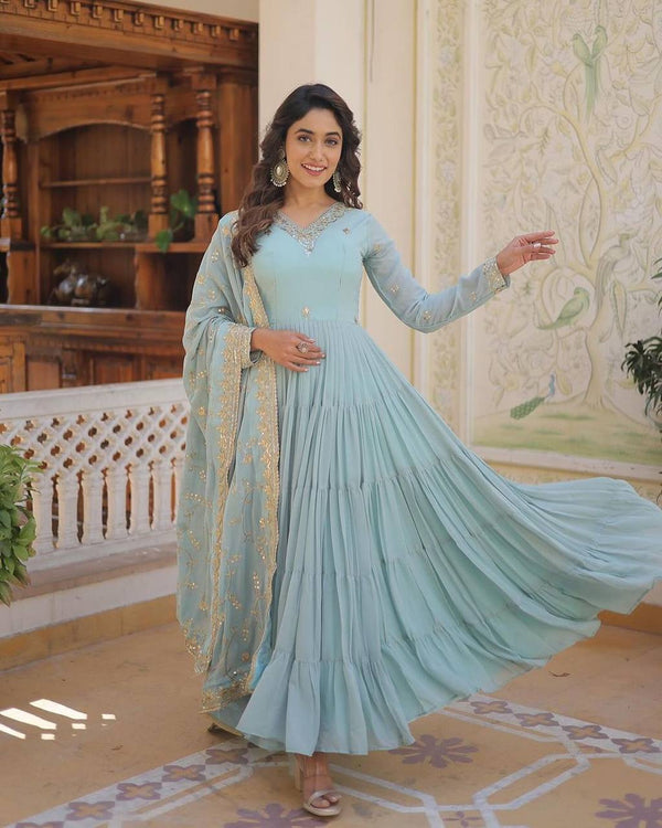 Gorgeous Ruffle Flair Sky Blue Georgette Anarkali Suit