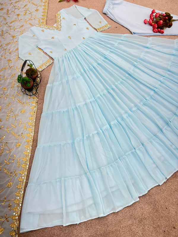 Gorgeous Ruffle Flair Sky Blue Georgette Anarkali Suit