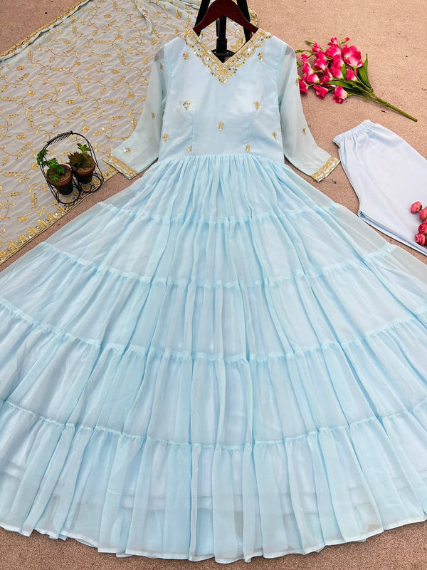 Gorgeous Ruffle Flair Sky Blue Georgette Anarkali Suit