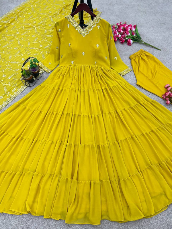 Gorgeous Ruffle Flair Yellow Georgette Anarkali Suit