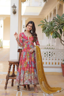 Digital Printed Russian Silk Pink Color Gown With Yellow Dupatta