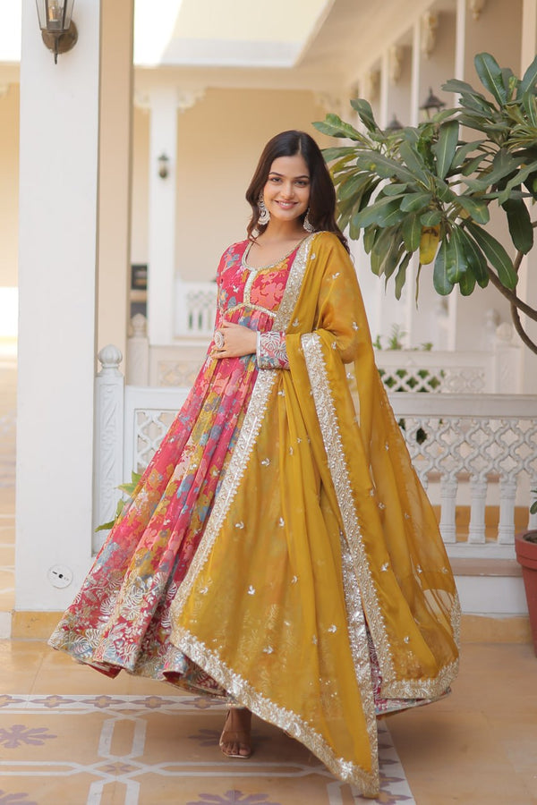 Digital Printed Russian Silk Pink Color Gown With Yellow Dupatta