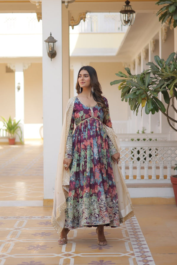 Digital Printed Russian Silk Wine Color Gown With Cream Dupatta