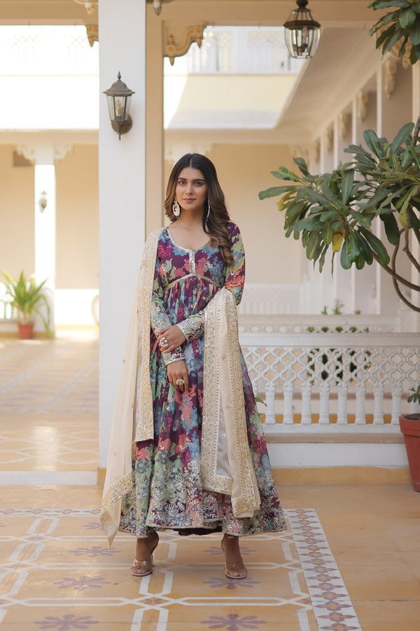 Digital Printed Russian Silk Wine Color Gown With Cream Dupatta