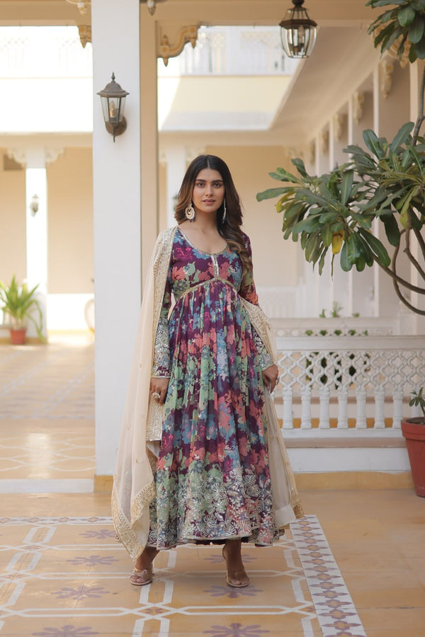 Digital Printed Russian Silk Wine Color Gown With Cream Dupatta