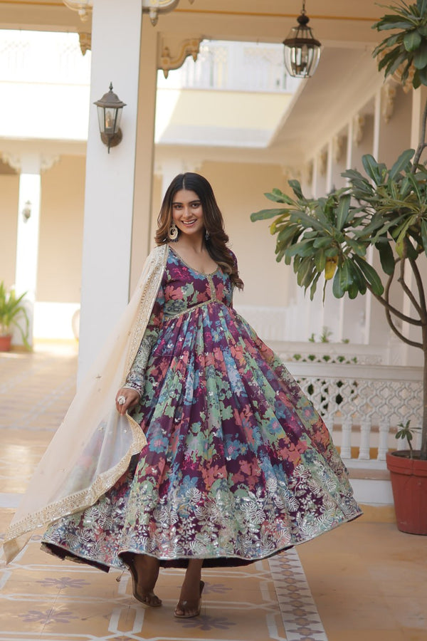 Digital Printed Russian Silk Wine Color Gown With Cream Dupatta