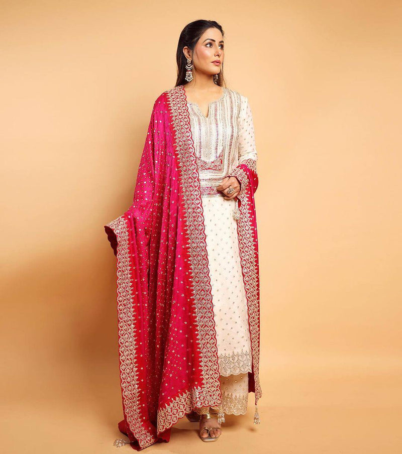 Party Wear Hina Khan Wear White Color Palazzo Suit