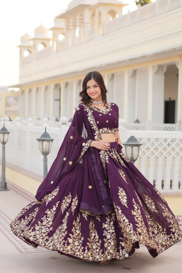 Marriage Special Embroidered Work Purple Color Lehenga Choli