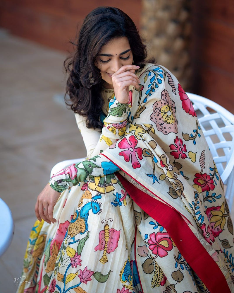 Kalamkari Print White Gown With Printed Dupatta