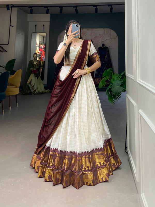 White And Maroon Color Poly Cotton Chex Navratri Special Lehenga Choli