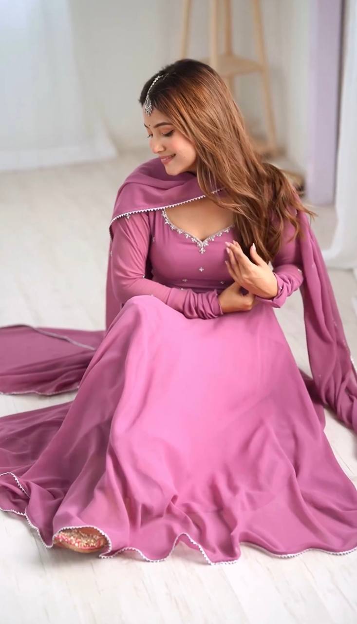 Dusty Pink Indian Designer Gown With Embroidery Work on Neck and Dupatta