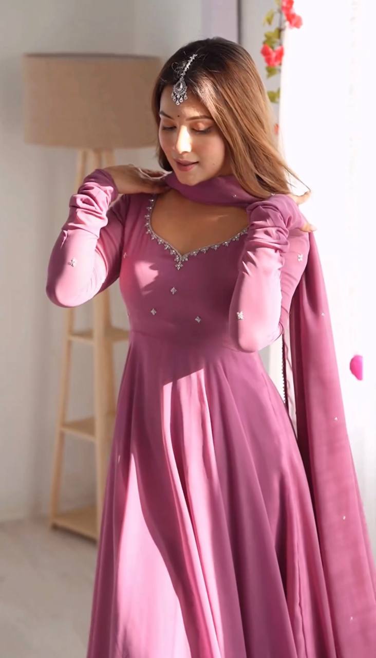 Dusty Pink Indian Designer Gown With Embroidery Work on Neck and Dupat subhvastra Dusty Pink Indian Designer Gown With Embroidery Work on Neck and Dupat subhvastra