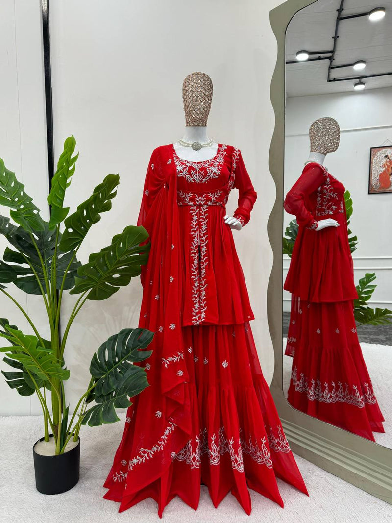 Red color Sharara Suit With Dupatta For Wedding Party