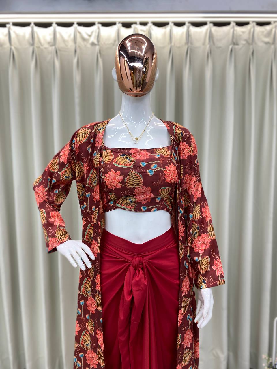 Marron Draped Knotted Skirt Blouse and Shrug With Print indo Western Look Outfit