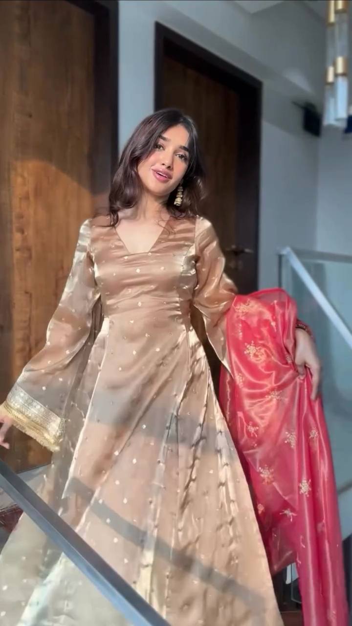 Chiku Silk Anarkali Set with Crimson Red Dupatta & Bell Sleeves