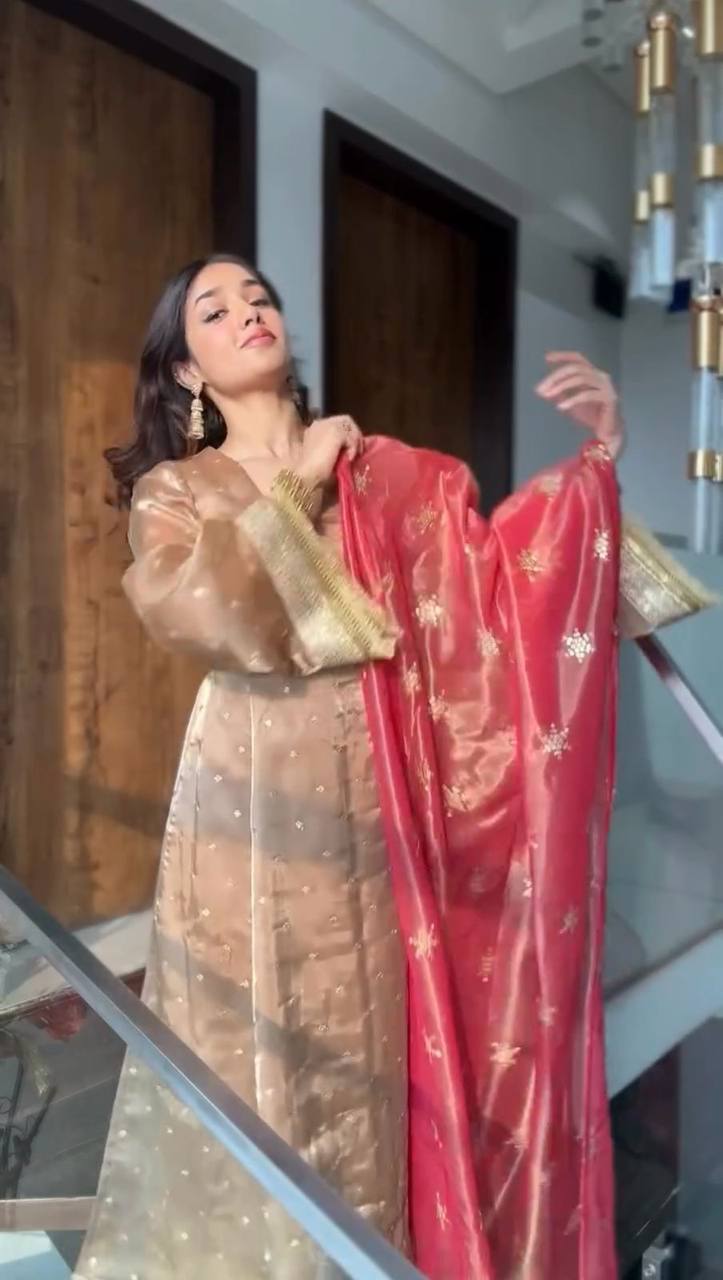 Chiku Silk Anarkali Set with Crimson Red Dupatta & Bell Sleeves