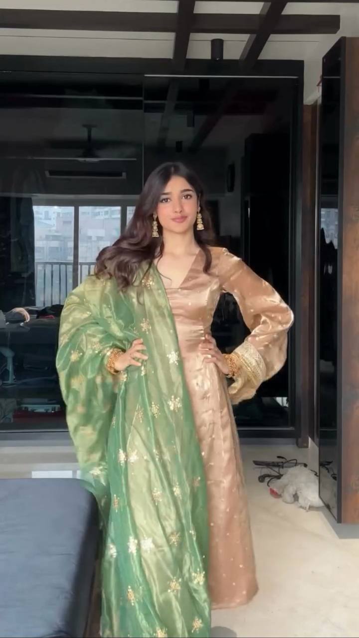 Chiku Silk Anarkali Set with Green Dupatta & Bell Sleeves