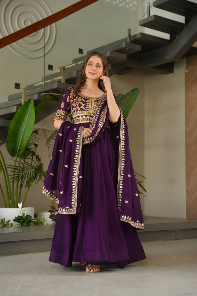 Wine Color Vichitra Silk Embroidered Gown