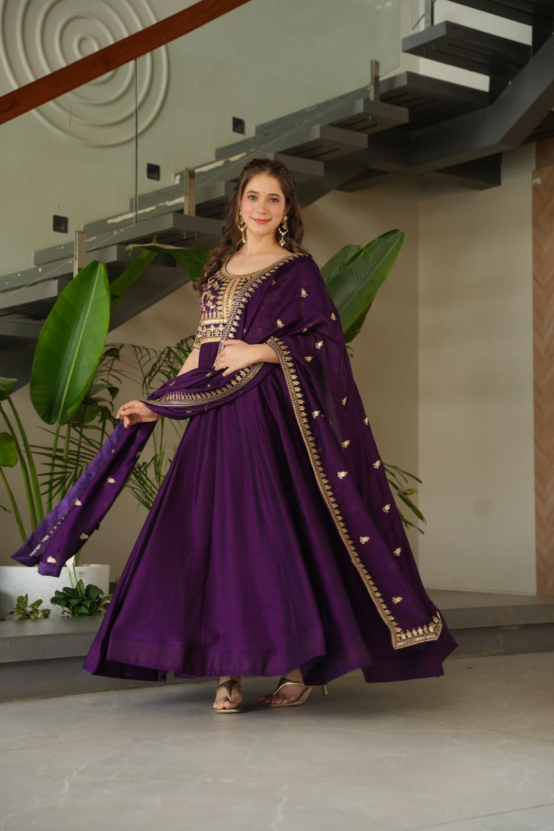 Wine Color Vichitra Silk Embroidered Gown