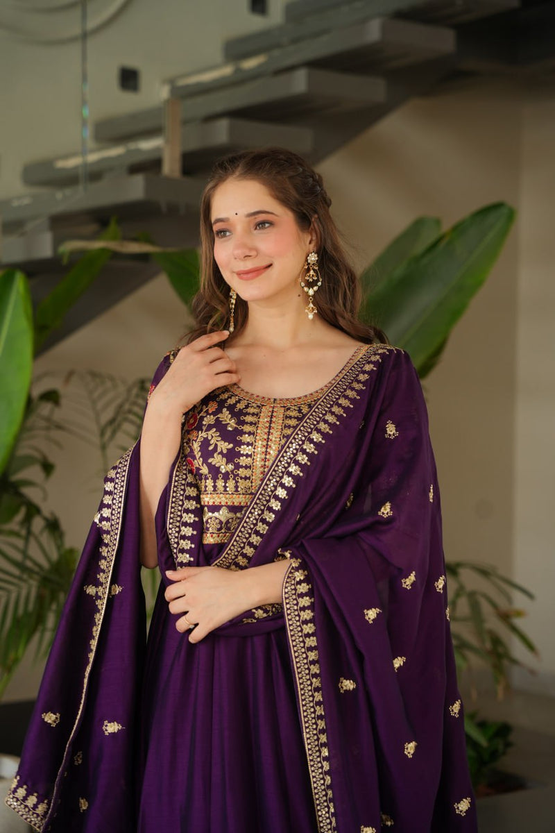 Wine Color Vichitra Silk Embroidered Gown