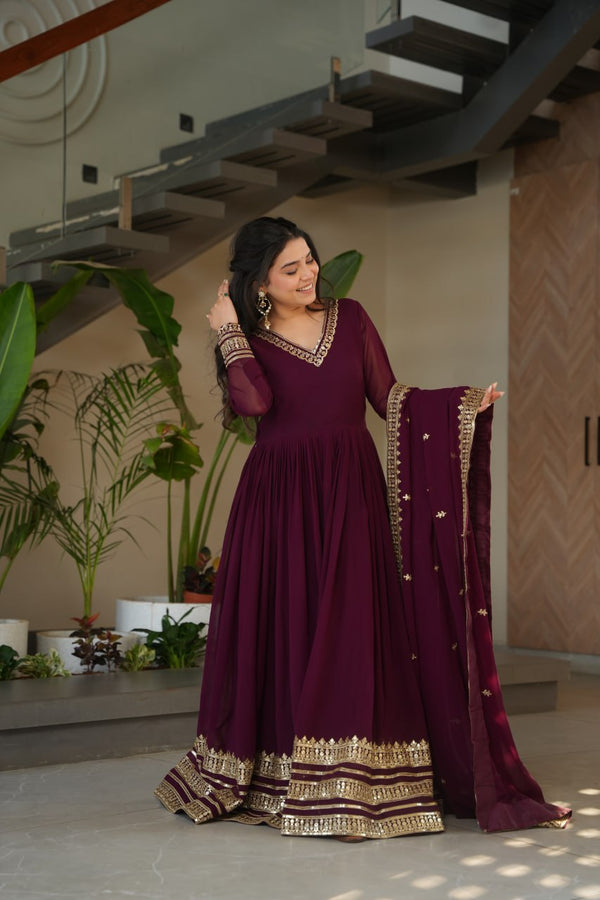 Wine Color Faux Blooming Embroidered Gown With Dupatta
