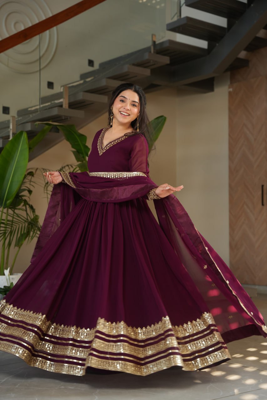 Wine Color Faux Blooming Embroidered Gown With Dupatta