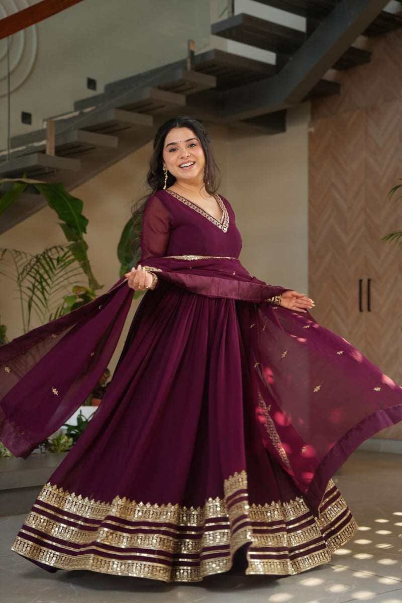 Wine Color Faux Blooming Embroidered Gown With Dupatta