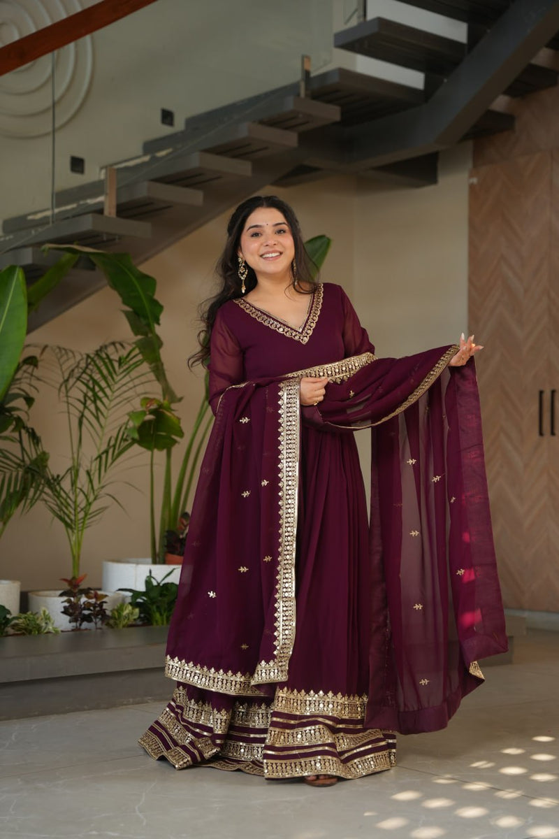 Wine Color Faux Blooming Embroidered Gown With Dupatta