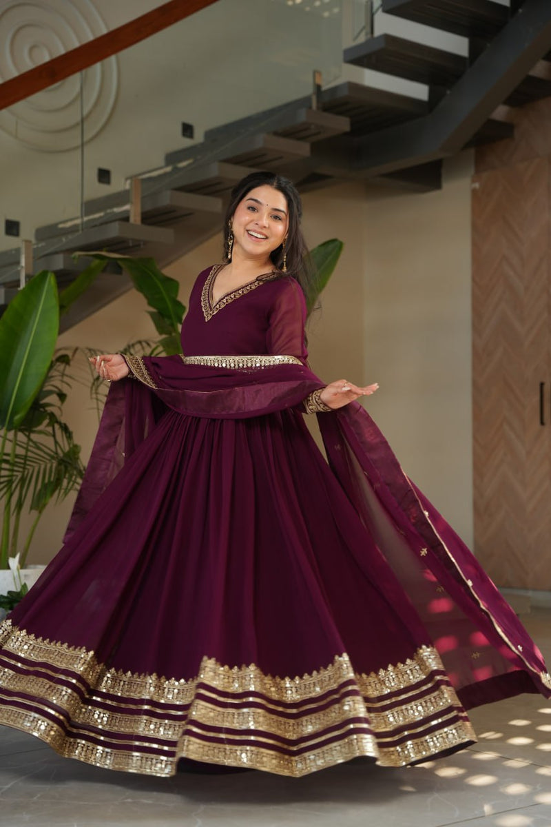Wine Color Faux Blooming Embroidered Gown With Dupatta