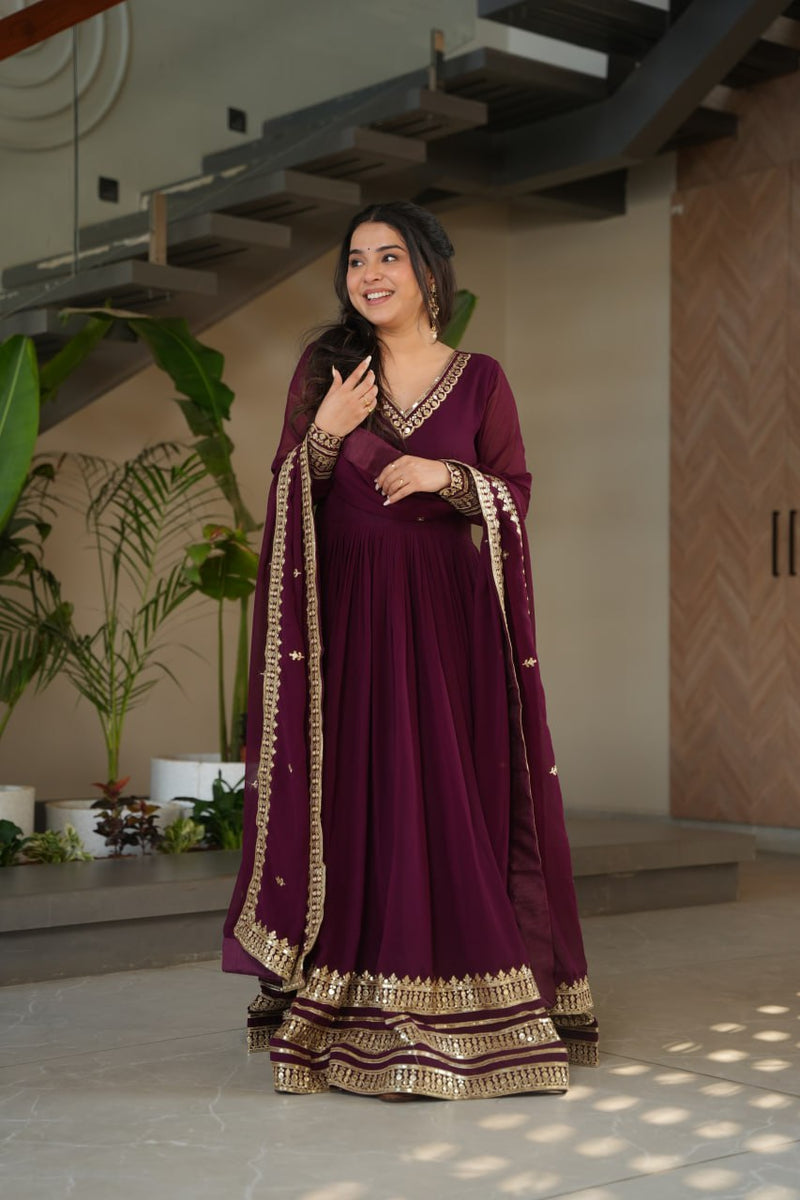 Wine Color Faux Blooming Embroidered Gown With Dupatta