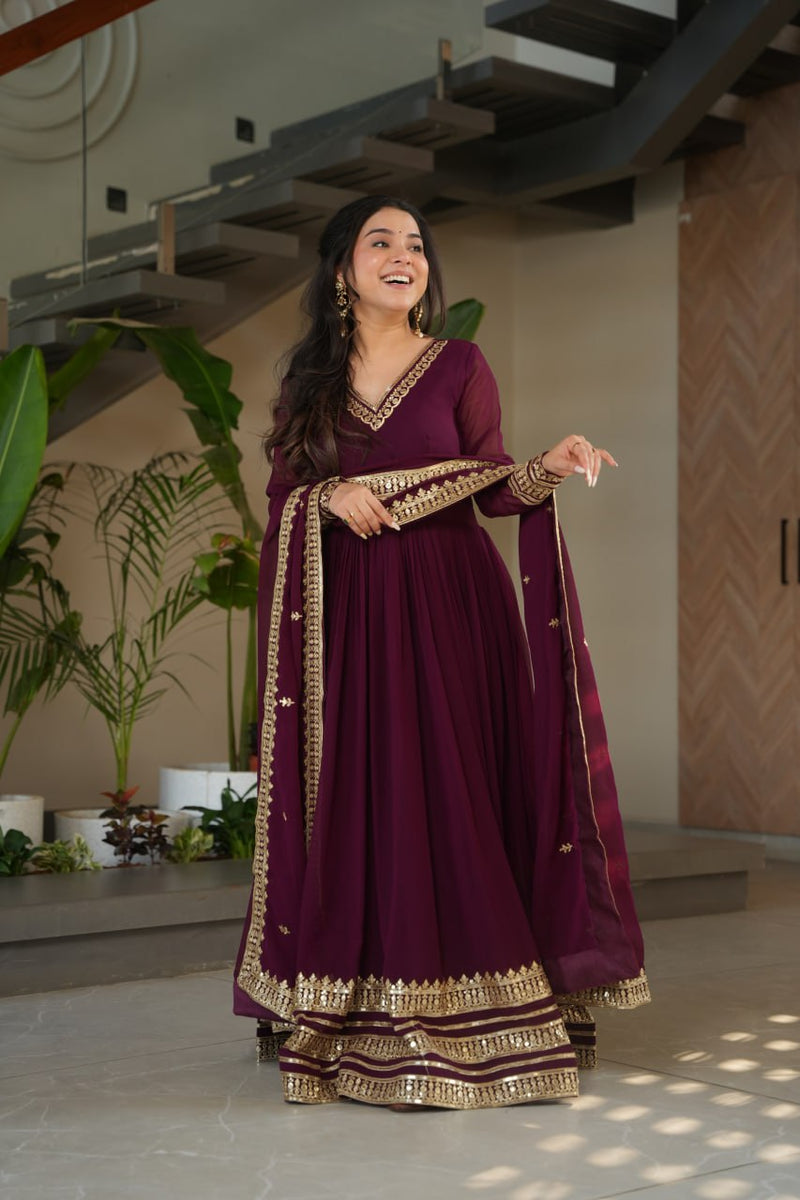 Wine Color Faux Blooming Embroidered Gown With Dupatta