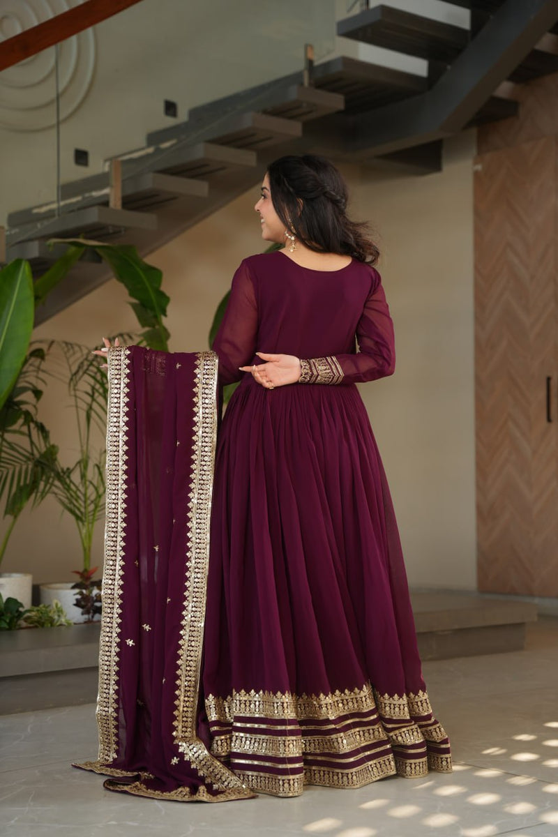 Wine Color Faux Blooming Embroidered Gown With Dupatta