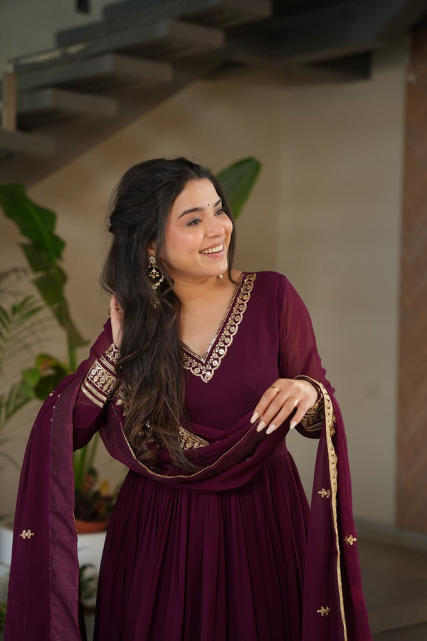 Wine Color Faux Blooming Embroidered Gown With Dupatta