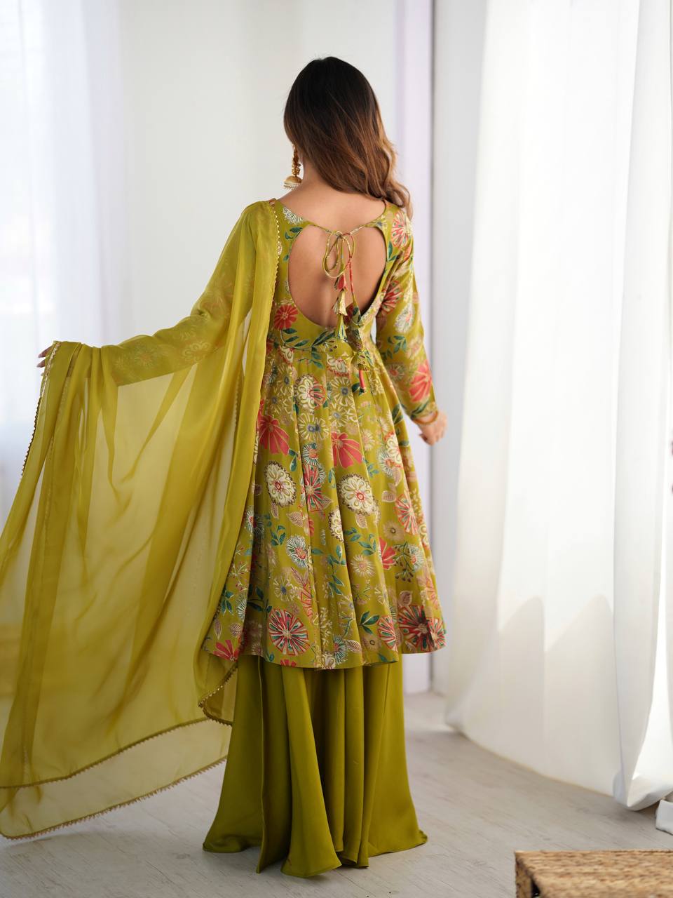 Mehndi Color Roman Silk Discharge Printed Plazzo Suit (Copy)