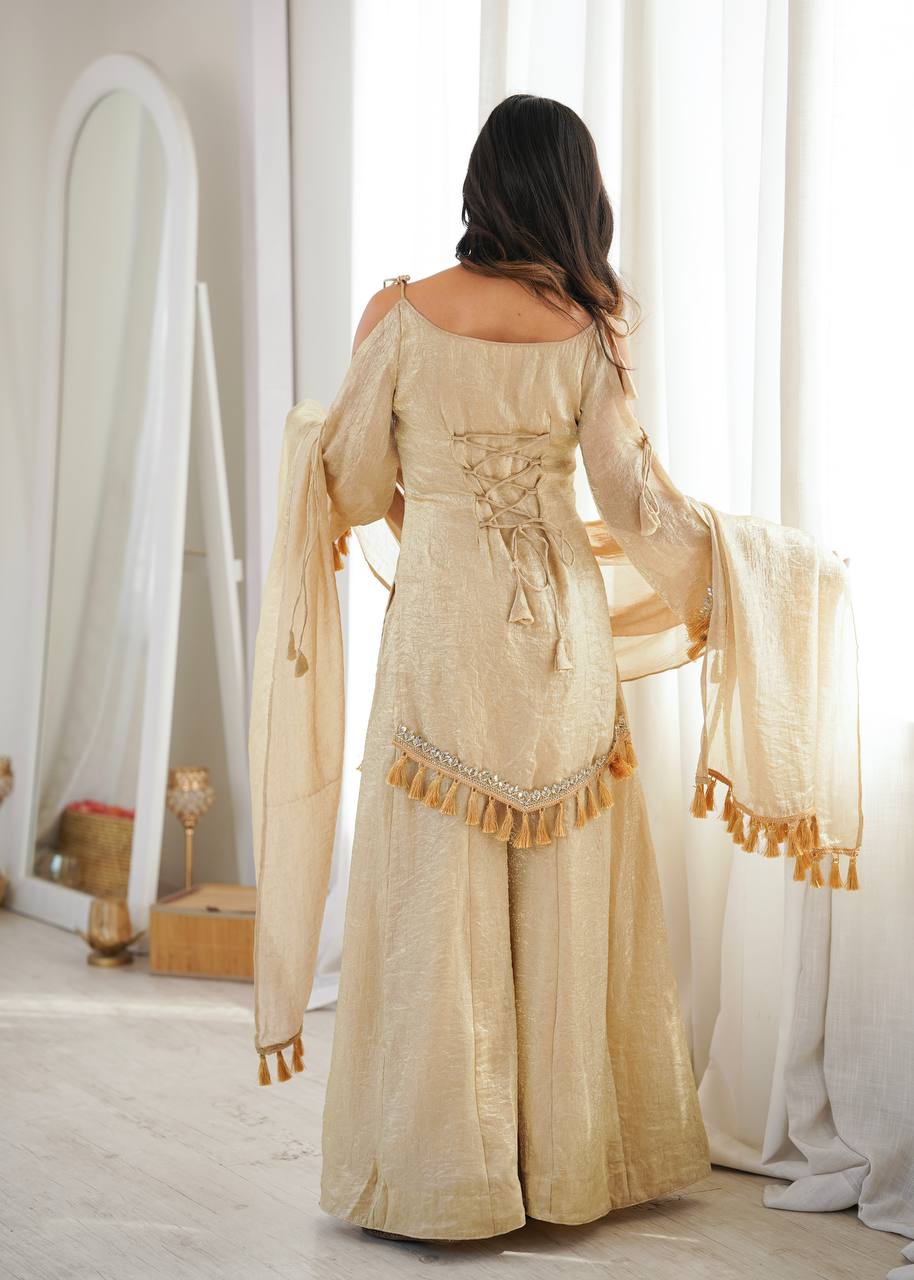 Beige Gold Crush Mirror Work Kurta Palazzo Set with Dupatta