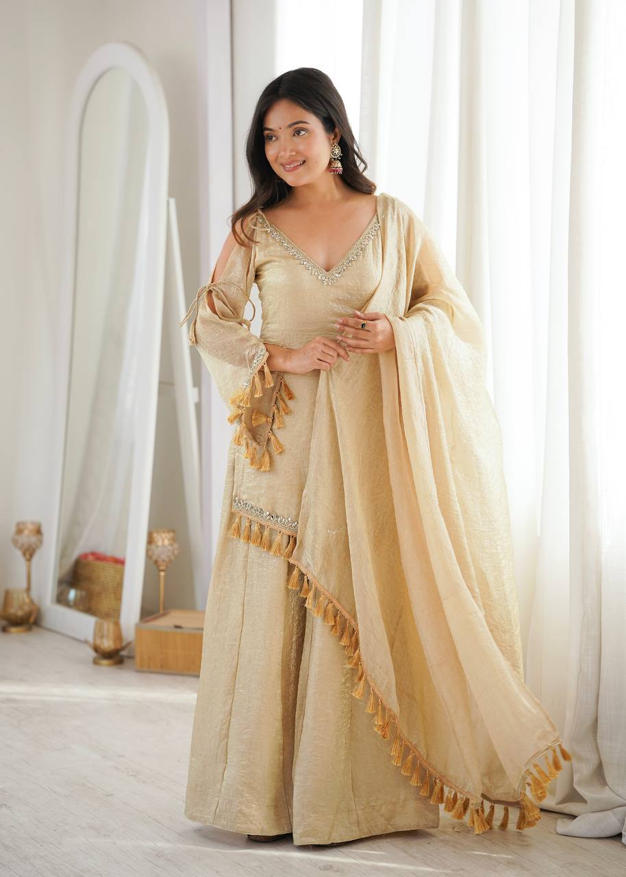 Beige Gold Crush Mirror Work Kurta Palazzo Set with Dupatta