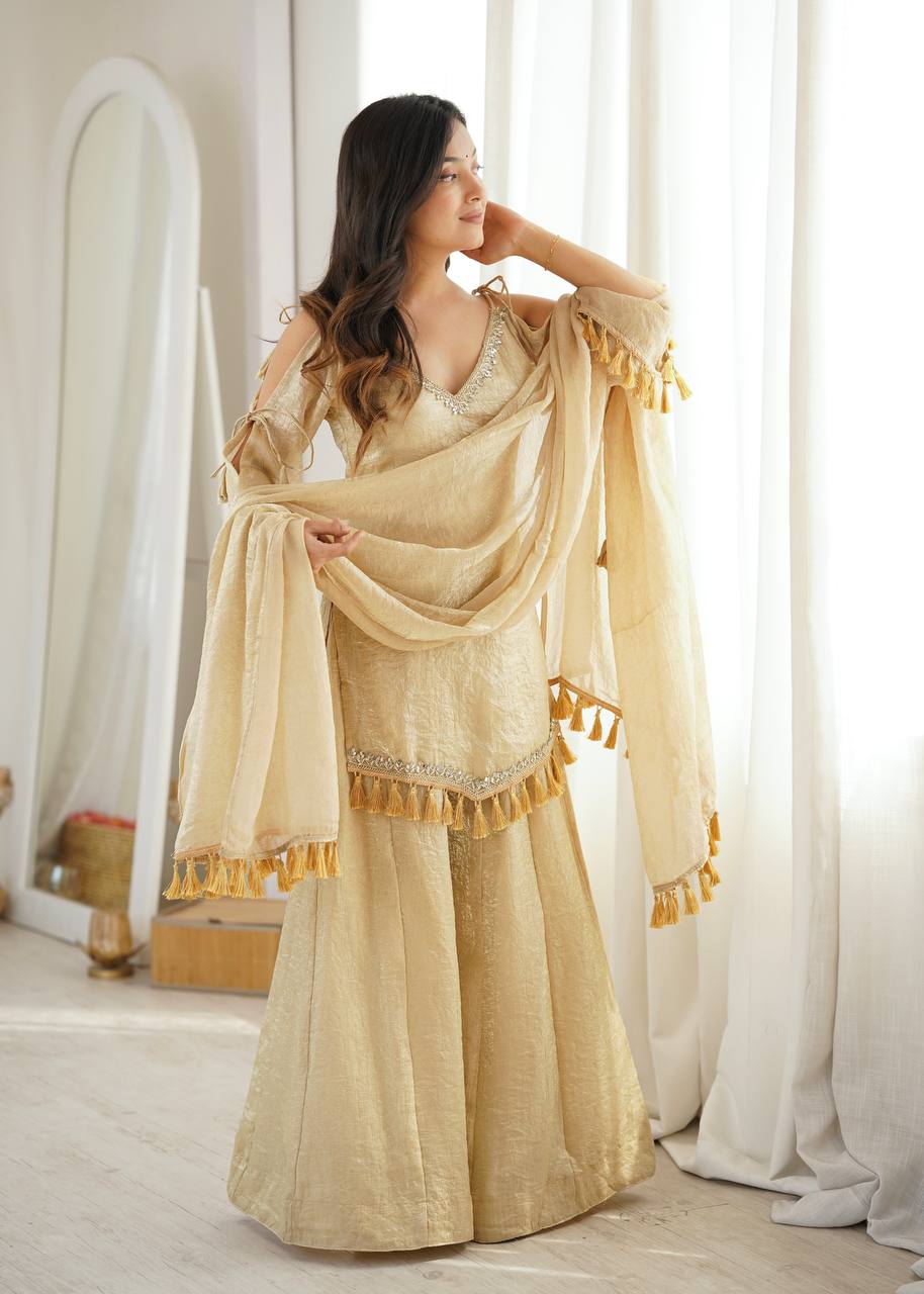 Beige Gold Crush Mirror Work Kurta Palazzo Set with Dupatta