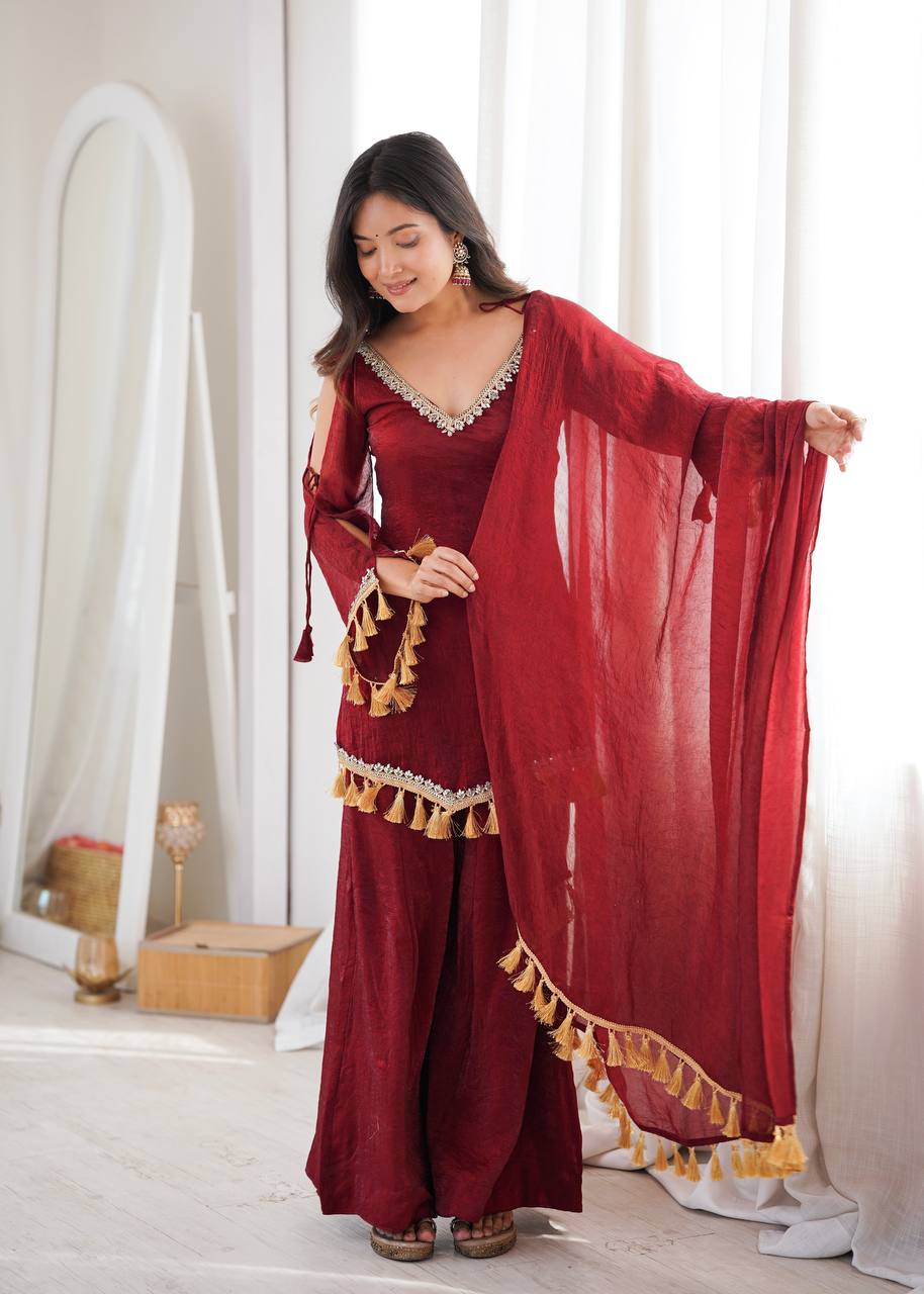 Maroon Doremon Crush Mirror Work Kurta Palazzo Set