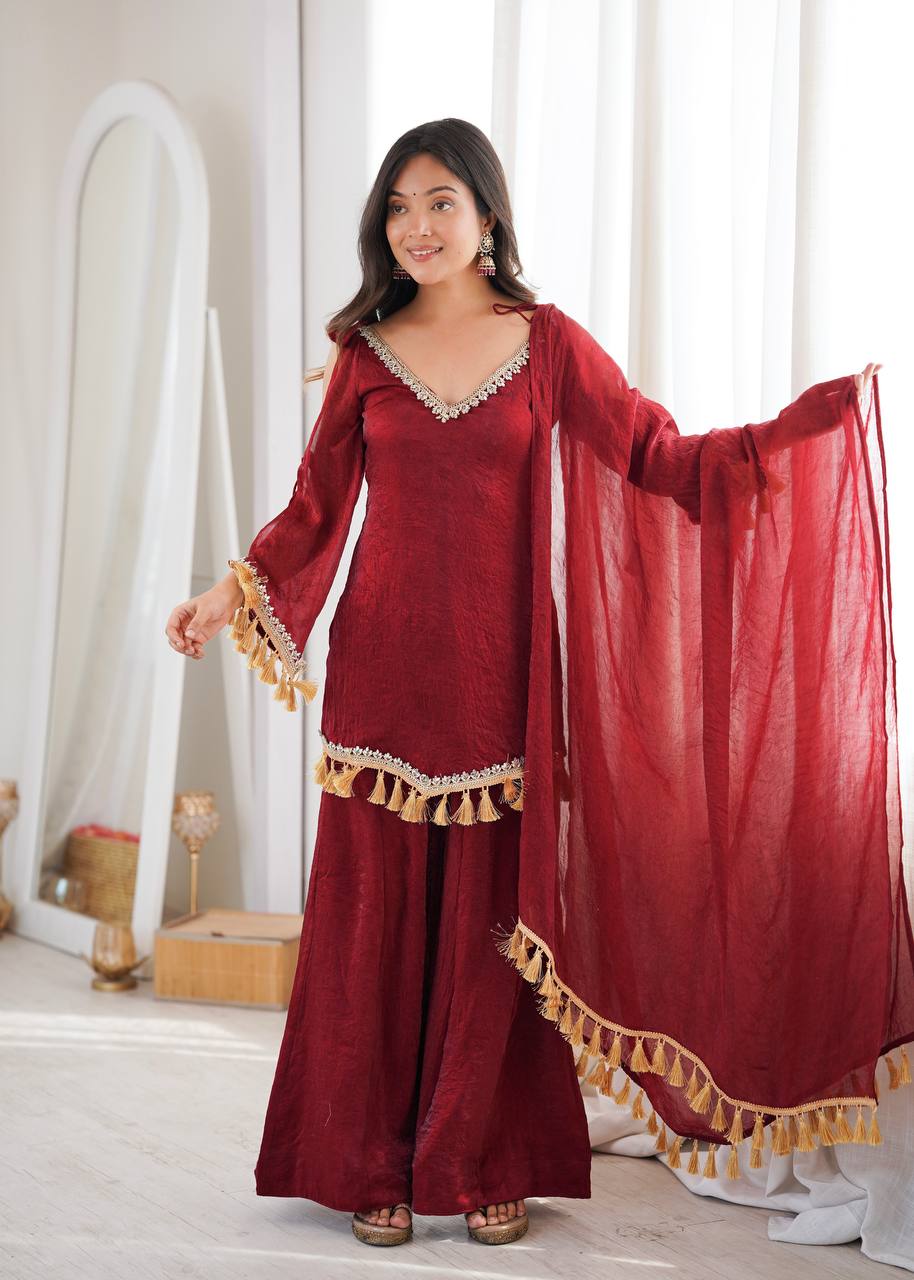 Maroon Doremon Crush Mirror Work Kurta Palazzo Set