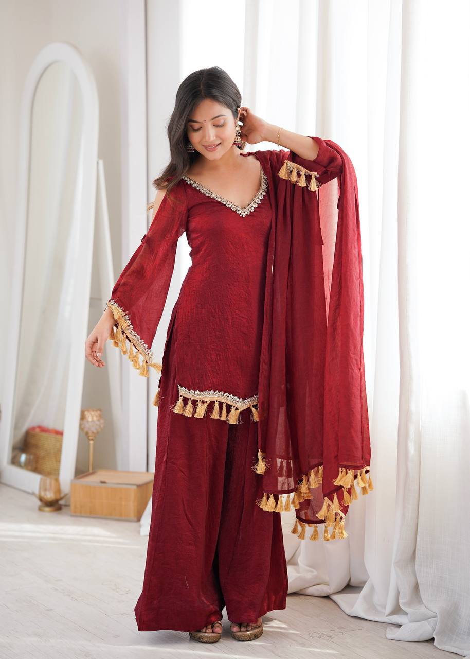 Beige Gold Crush Mirror Work Kurta Palazzo Set with Dupatta
