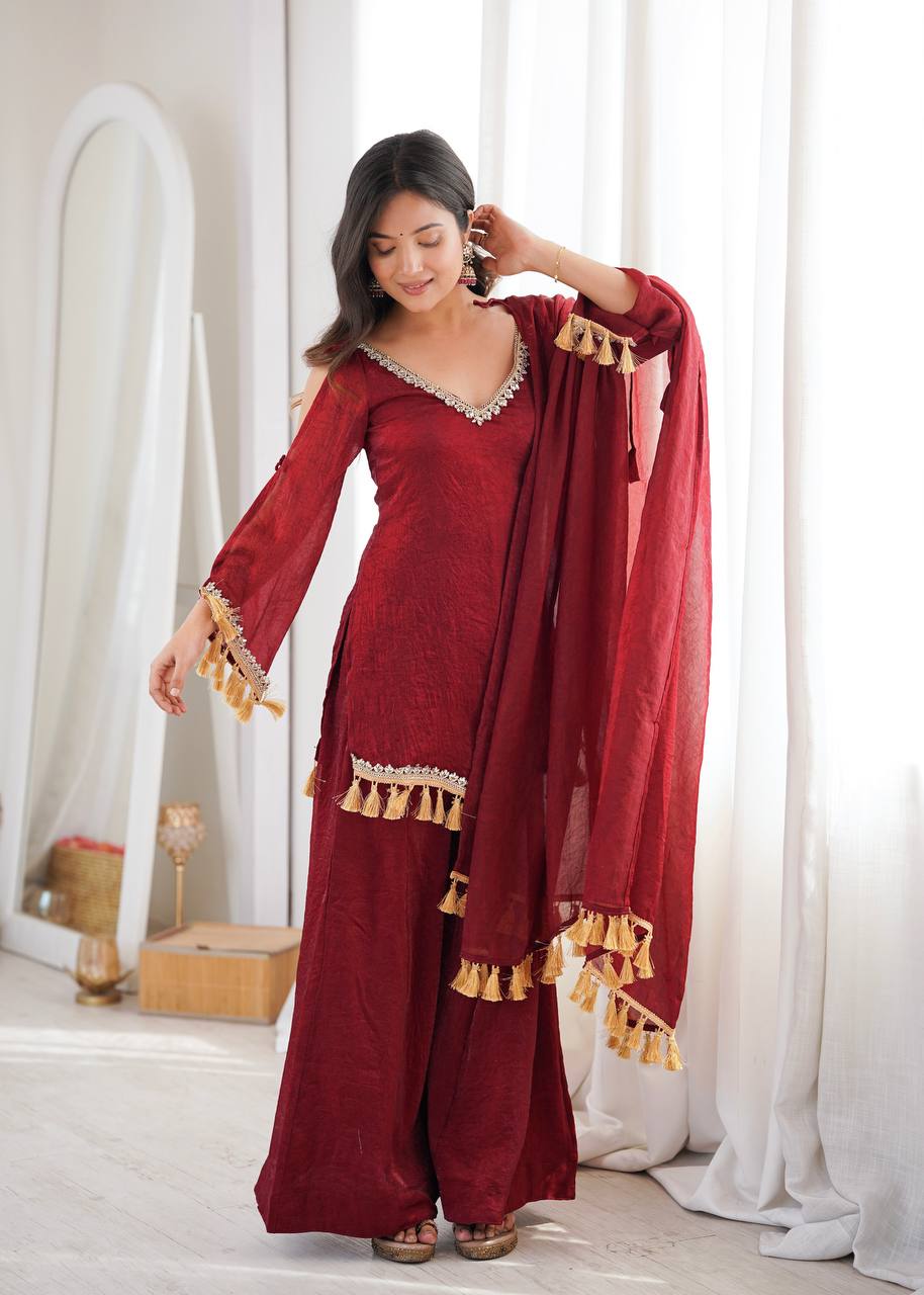 Maroon Doremon Crush Mirror Work Kurta Palazzo Set