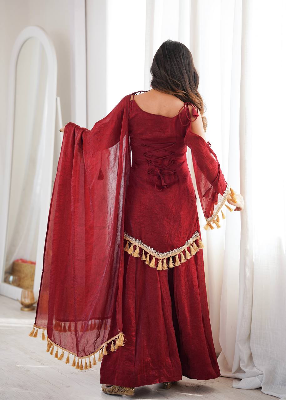 Maroon Doremon Crush Mirror Work Kurta Palazzo Set