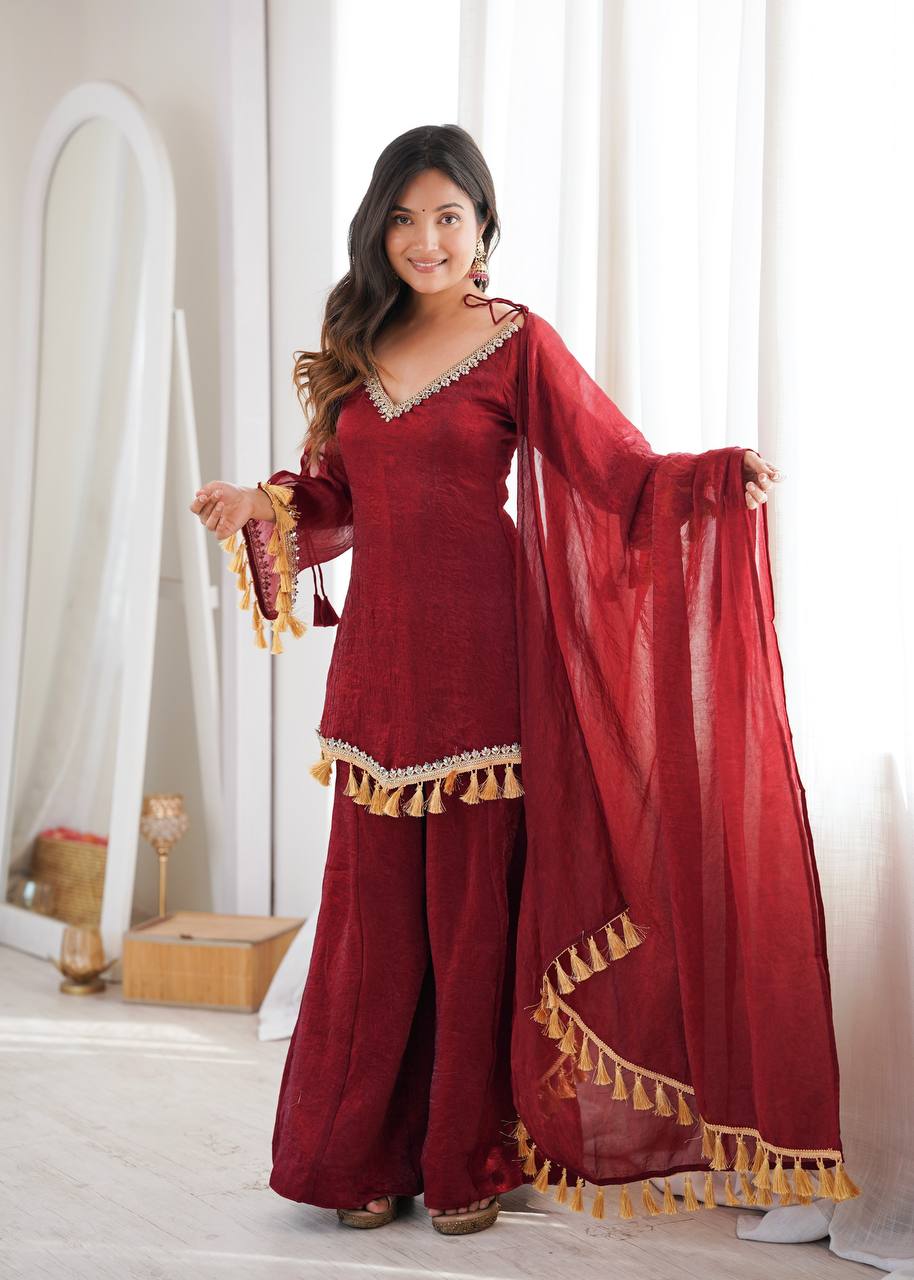 Beige Gold Crush Mirror Work Kurta Palazzo Set with Dupatta
