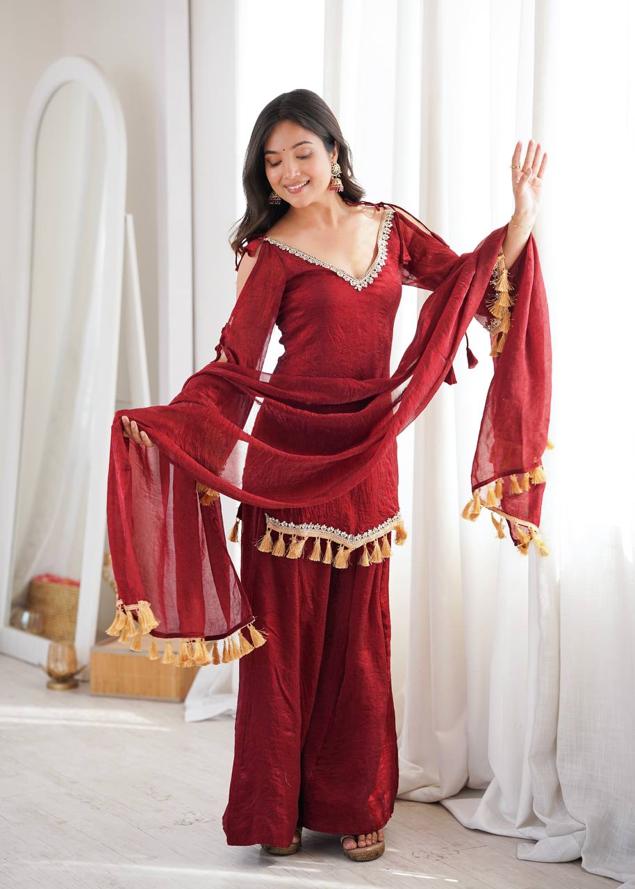 Maroon Doremon Crush Mirror Work Kurta Palazzo Set