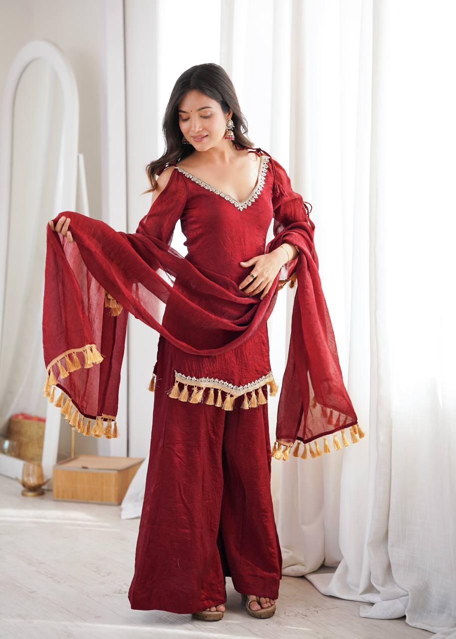 Maroon Doremon Crush Mirror Work Kurta Palazzo Set