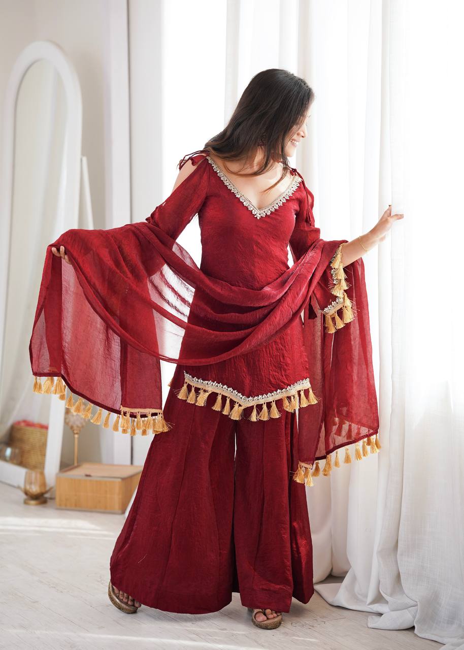 Maroon Doremon Crush Mirror Work Kurta Palazzo Set