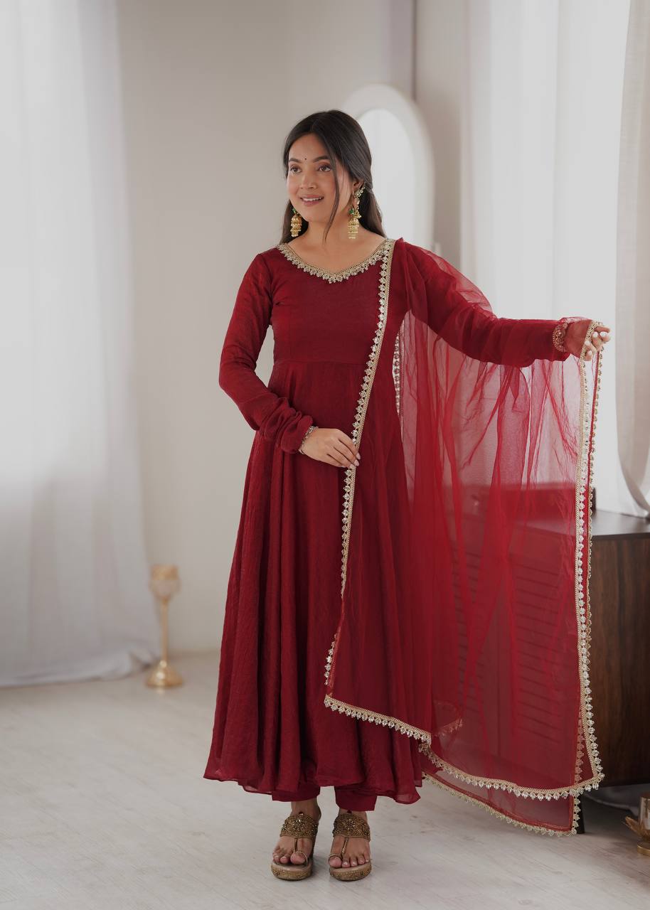 Maroon Crush Mirror Work Gown Set with Butterfly Net Dupatta